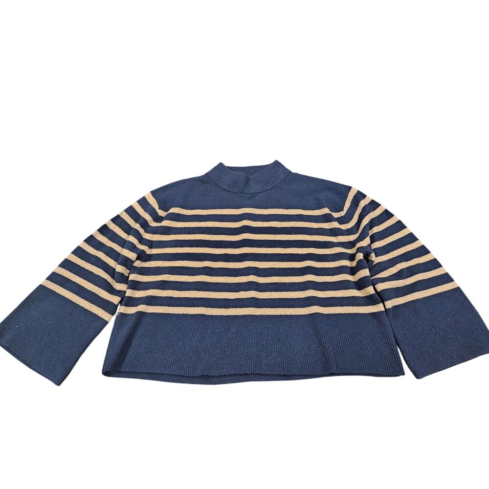 J.Crew XXL Blue Tan Striped Mock Neck Cropped Sweater Merino Alpaca Blend